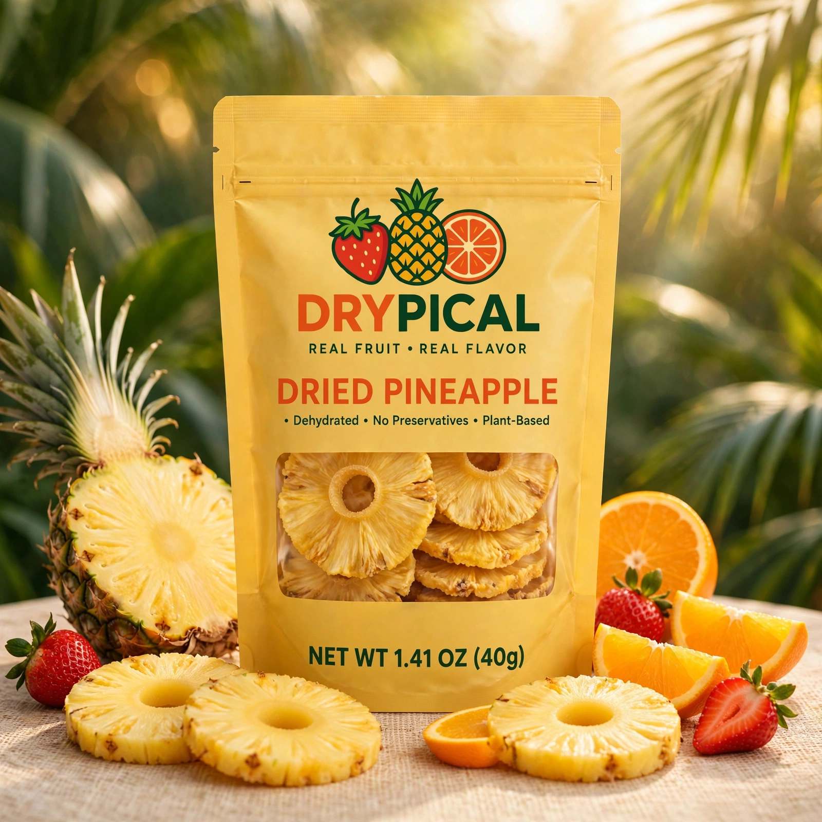 Drypical concept pouch of dried pineapple surrounded by fresh pineapple, orange and strawberries